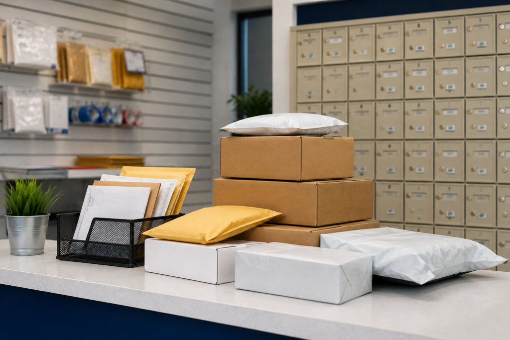 Bright Mailroom Counter with Packages and Mailboxes