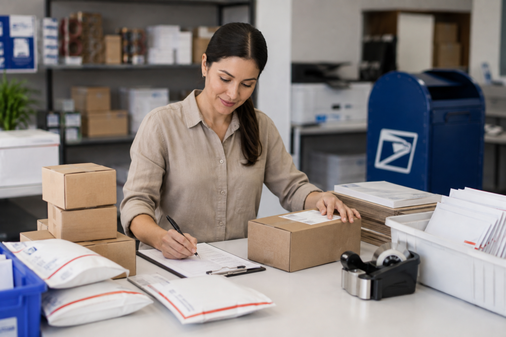 Woman Packing Mail at Shipping Station